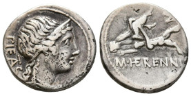 GENS HERENNIA. Denario. (Ar. 3,84g/18mm). 108-107 a.C. Sur de Italia. (Crawford 308/1b; FFC 745). Anv: Cabeza diademada de Piedad a derecha, detrás le...