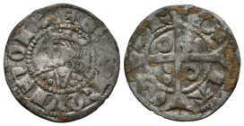 JAIME I (1213-1276). Dinero. (Ve. 0,95g/17mm). Barcelona. (Cru.V.S. 308). Anv: Busto coronado de Jaime I a izquierda, alrededor leyenda: BARQVINO. Rev...