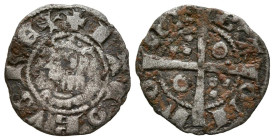 JAIME II (1291-1327). Dinero (Ve. 0,81g/15mm). Barcelona. (Cru.V.S. 340). Anv: Efigie coronada de Jaime II a izquierda, alrededor leyenda: BARQVINONA....