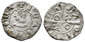 PEDRO (1336-1387). Obolo. (Ve. 0,46g/12mm). Barcelona. (Cru.V.S. 423). Anv: Busto coronado de Pedro III a izquierda, alrededor leyenda: PETRVS REX. Re...