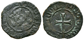 Juan II (1406-1454). Dobler. (Ve. 1,15g/20mm). Mallorca. (Cru.V.S. 956). Anv: Busto coronado de Juan II de frente entre dos escudos catalanes, alreded...
