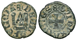 GRAN COMPAÑIA CATALANA (1311-1390). Dinero. (Ae. 0,89g/16mm). Ducados de Atenas y Neopatria. (Cru.V.S. 748). Anv: Castillo, alrededor leyenda: DE CLAR...