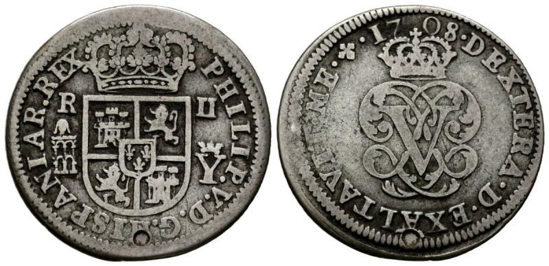 FELIPE V (1700-1746). 2 Reales. (Ar. 5,49g/28mm). 1708. Segovia Y. (Cal-2019-941...