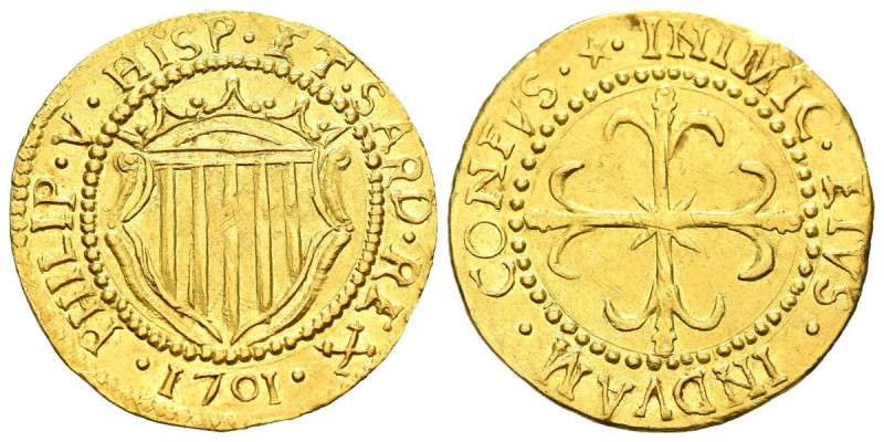 FELIPE V (1700-1746). Escudo de Oro. (Au. 3,17g/22mm). 1701. Cagliari. (Vicenti ...