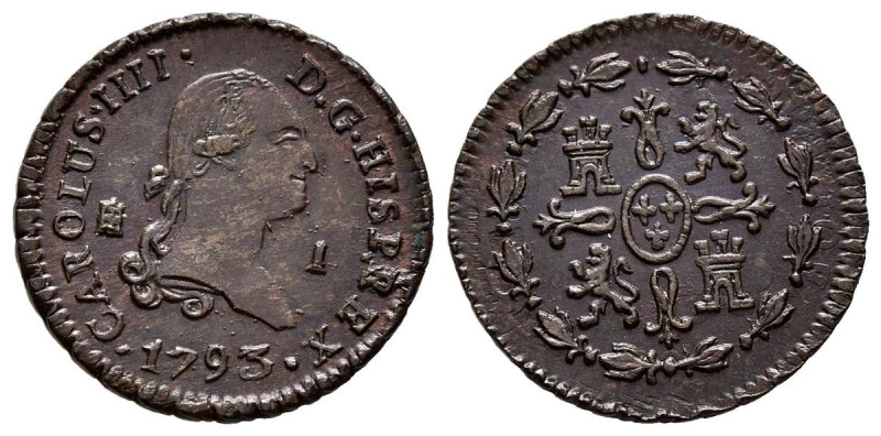 CARLOS IV (1788-1808). 1 Maravedí. (Ae. 1,13g/15mm). 1793 Segovia. (Cal-2019-21)...