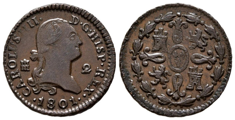 CARLOS IV (1788-1808). 2 Maravedís. (Ae. 2,45g/19mm). 1801 Segovia. (Cal-2019-35...