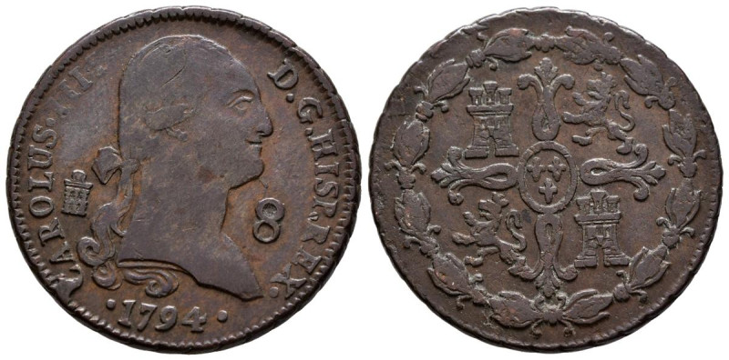 CARLOS IV (1788-1808). 8 Maravedís. (Ae. 11,97g/31mm). 1794. Segovia. (Cal-2019-...