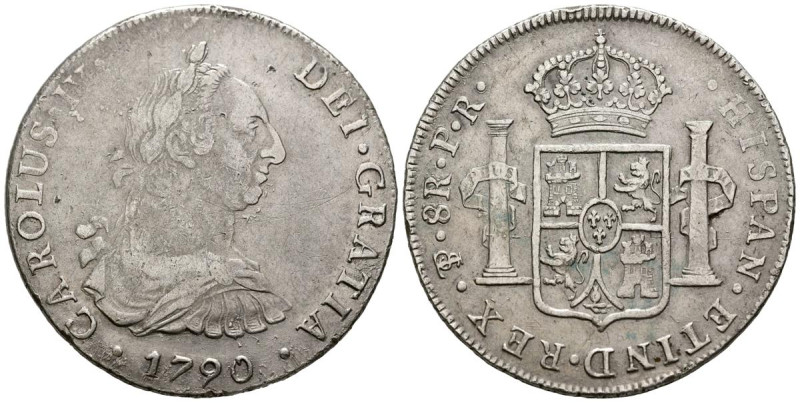 CARLOS IV (1788-1808). 8 Reales. (Ar. 26,80g/42mm). 1790. Potosí PR. Busto de Ca...