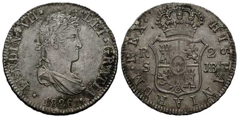 FERNANDO VII (1808-1833). 2 Reales. (Ar. 6,02g/26mm). 1826. Sevilla JB . (Cal-20...