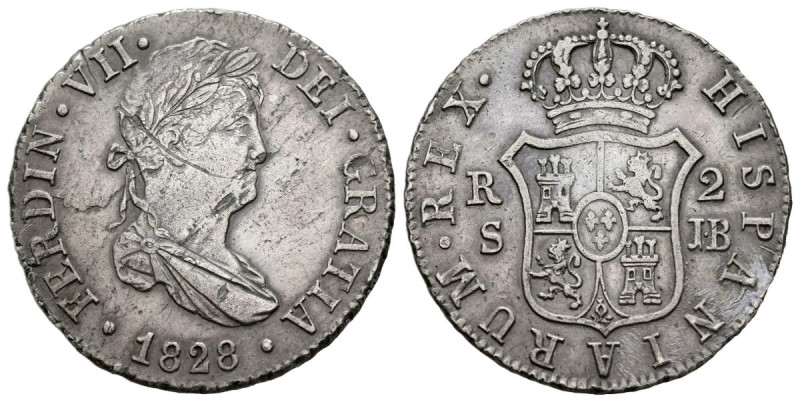 FERNANDO VII (1808-1833). 2 Reales. (Ar. 5,80g/26mm). 1828. Sevilla JB. (Cal-201...