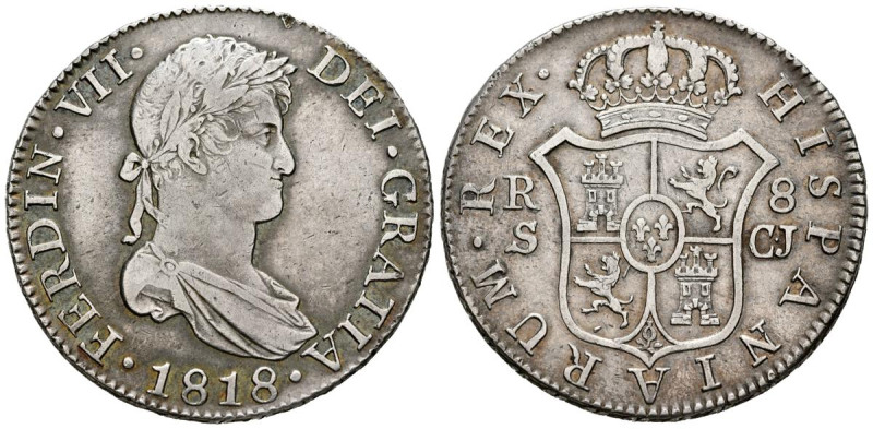 FERNANDO VII (1808-1833). 8 Reales. (Ar. 26.92g/39mm). 1818. Sevilla CJ. (Cal-20...