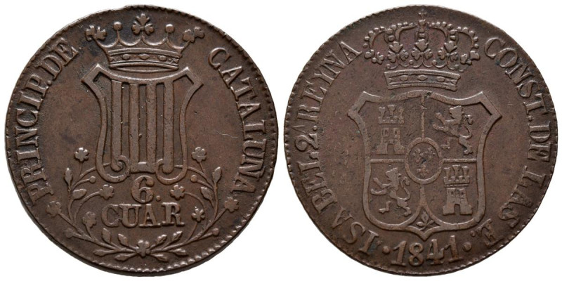 ISABEL II (1833-1868). 6 Cuartos. (Ae. 13,30g/32mm). 1841. Barcelona. (Cal-2019-...