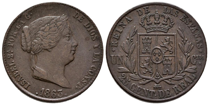 ISABEL II (1833-1868). 25 Céntimos de Real. (Ae. 9,22g /27mm). 1863. Segovia. (C...