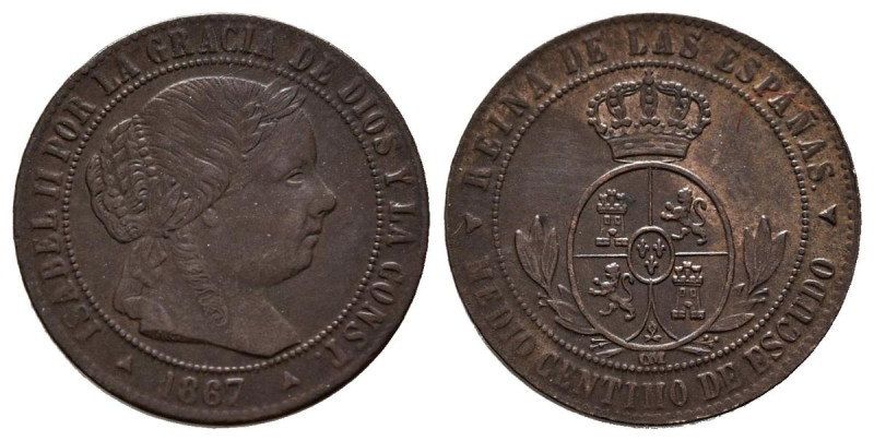 ISABEL II (1833-1868). 1/2 Céntimos de Escudo. (Ae. 1,29g/16mm). 1867. Segovia O...