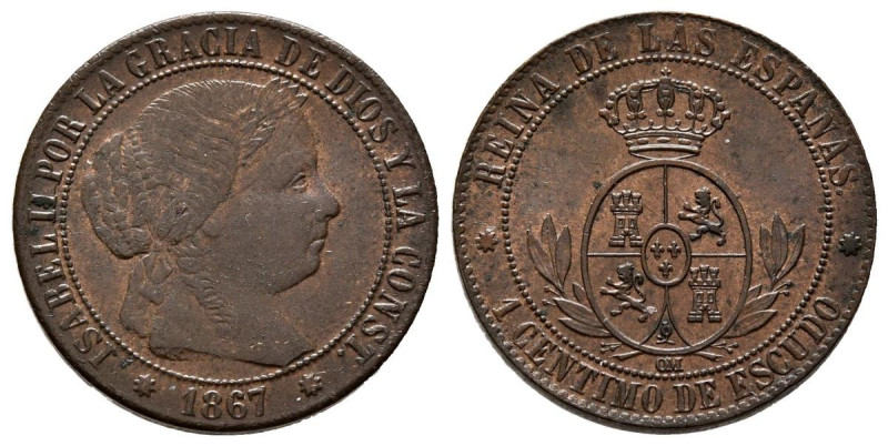 ISABEL II (1833-1868). 1 Céntimo de Escudo. (Ae. 2,56g/18mm). 1867. Barcelona OM...