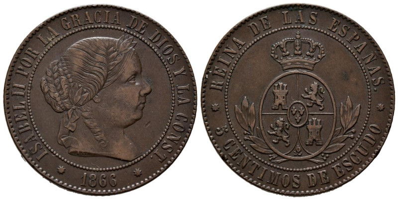 ISABEL II (1833-1868). 5 Céntimos de Escudo. (Ae. 12,48g/32mm). 1866. Barcelona....