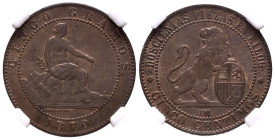 GOBIERNO PROVISIONAL (1868-1871). 5 Céntimos (Ar. 5,00g/25mm)*. 1870. Barcelona OM. (Cal-2019-5). SC-. Excelente ejemplar. *Encapsulada por NN Coins c...
