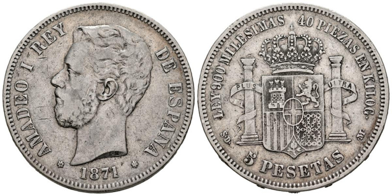 AMADEO I.(1871-1873). 5 Pesetas (Ar. 24,45g/37mm). 1871 *18-71. Madrid SDM. (Cal...