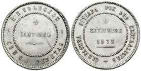 REVOLUCIÓN CANTONAL (1873-1874). 5 Pesetas. (Ar. 28,19g/37mm). 1873. Cartagena. (Cal-2019-7). 80 perlas en anverso y 85 en reverso coincidente. MBC+. ...