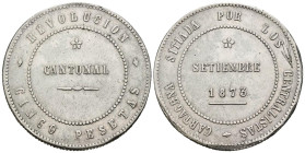 REVOLUCIÓN CANTONAL (1873-1874). 5 Pesetas. (Ar. 28,39g/37mm). 1873. Cartagena. (Cal-2019-11). 86 perlas en anverso y 90 en reverso no coincidente. MB...