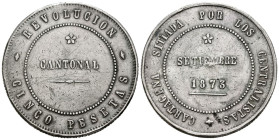 REVOLUCIÓN CANTONAL (1873-1874). 5 Pesetas. (Ar. 28,87g/37mm). 1873. Cartagena. (Cal-2019-14). 100 perlas en anverso y 95 en reverso no coincidente. M...