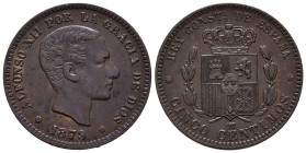 ALFONSO XII (1874-1885). 5 Céntimos (Ae. 4,94g/24mm). 1879. Barcelona OM. (Cal-2019-6). EBC.
