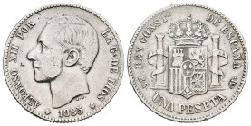 ALFONSO XII. (1874-1885). 1 Peseta (Ar. 4,96g/23mm). 1885 *18-85. Madrid MSM. (Cal-2019-24). MBC-/MBC. Primera estrella floja.