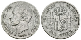 ALFONSO XII (1874-1885). 1 Peseta. (Ar. 4,97/23mm). 1885 * 18-86. Madrid MSM. (Cal-2019-25). Acuñada bajo el reinado de Alfonso XIII. MBC-. Primera es...