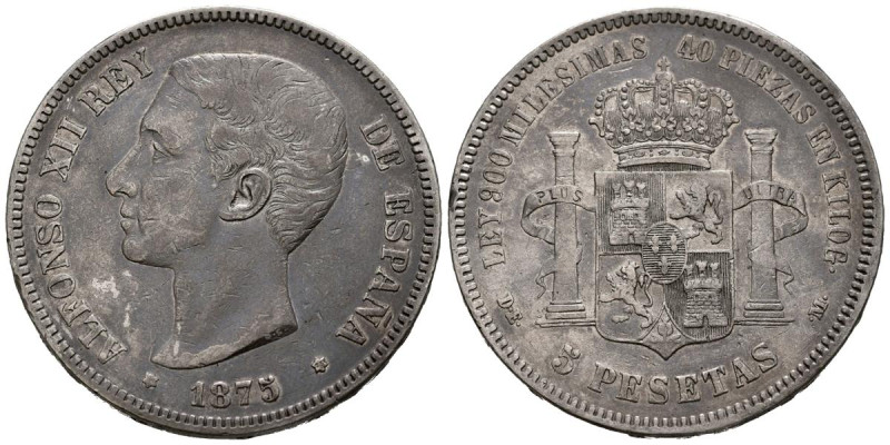 ALFONSO XII (1874-1885). 5 Pesetas. (Ar. 24,69g/37mm). 1875 *18-75. Madrid DEM. ...