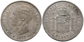 ALFONSO XII (1874-1885). 5 Pesetas. (Ar. 24,75g/37mm). 1877 *18-77. Madrid DEM. (Cal-2019-38). MBC+/EBC-.