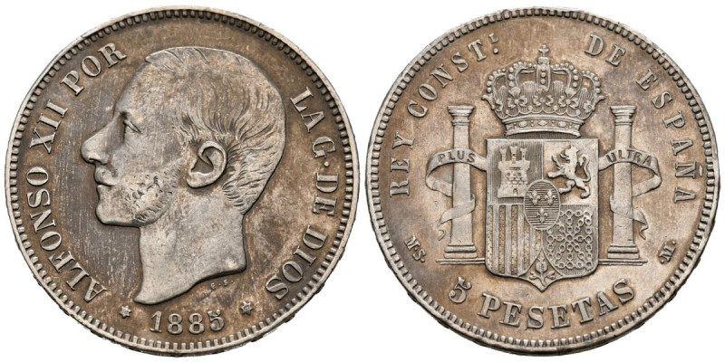 ALFONSO XII (1874-1885). 5 Pesetas. (Ar. 24,88/37mm). 1885 *18-87 . Madrid MSM. ...