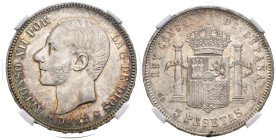 ALFONSO XII (1874-1885). 5 Pesetas. (Ar. 25,00g/37mm)*. 1885 *18-85. Madrid MSM. (Cal-2019-60). MBC+. *Encapsulada por NN Coins como XF45+.