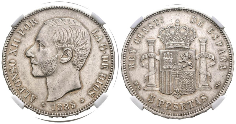 ALFONSO XII (1874-1885). 5 Pesetas. (Ar. 25,00g/37mm)*. 1885 *18-87. Madrid MSM....