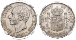 ALFONSO XII (1874-1885). 5 Pesetas. (Ar. 25,00g/37mm)*. 1885 *18-87. Madrid MSM. (Cal-2019-62). EBC-. Limpiada. *Encapsulada por NN Coins como XF45+.