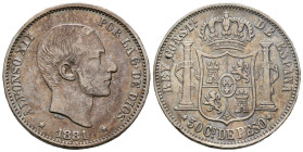 ALFONSO XII (1874-1885). 50 Centavos (Ar. 12,85g/30mm). 1881. Manila. (Cal-2019-114). MBC. Preciosa pátina.