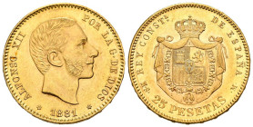 ALFONSO XII (1874-1885). 25 pesetas. (Au 8,08g /24mm). 1881 *18-81. Madrid MSM. (Cal-2019-82). EBC. Rayitas.