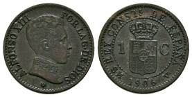 ALFONSO XIII (1885-1931). 1 Céntimo (Ae. 1,07g/15mm). 1906 *6. Madrid SMV. (Cal-2019-1). EBC. Raro ejemplar.