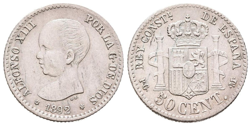 ALFONSO XIII (1885-1931). 50 Céntimos. (Ar. 2,48g/18mm). 1892 *9-2. Madrid PGM. ...