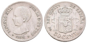 ALFONSO XIII (1885-1931). 50 Céntimos. (Ar. 2,48g/18mm). 1892 *9-2. Madrid PGM. (Cal-2019-38). MBC+.