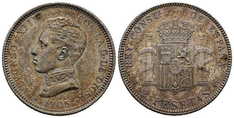 ALFONSO XIII (1885-1931). 2 Pesetas. (Ar. 9,96g/27mm). 1905 *19-05. Madrid SMV. ...