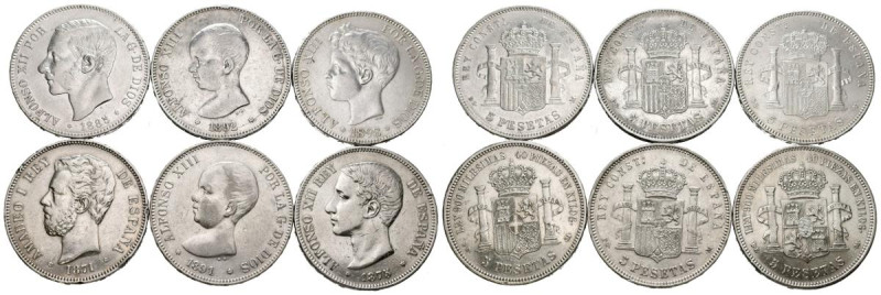 Conjunto de 6 monedas de 5 Pesetas acuñadas durante los reinados de Amadeo I, Al...