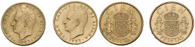 JUAN CARLOS I (1975-2014). Conjunto de 2 monedas de 100 Pesetas de 1983 con flores de lis, en el canto, hacia arriba y hacia abajo. EBC. Marquitas en ...