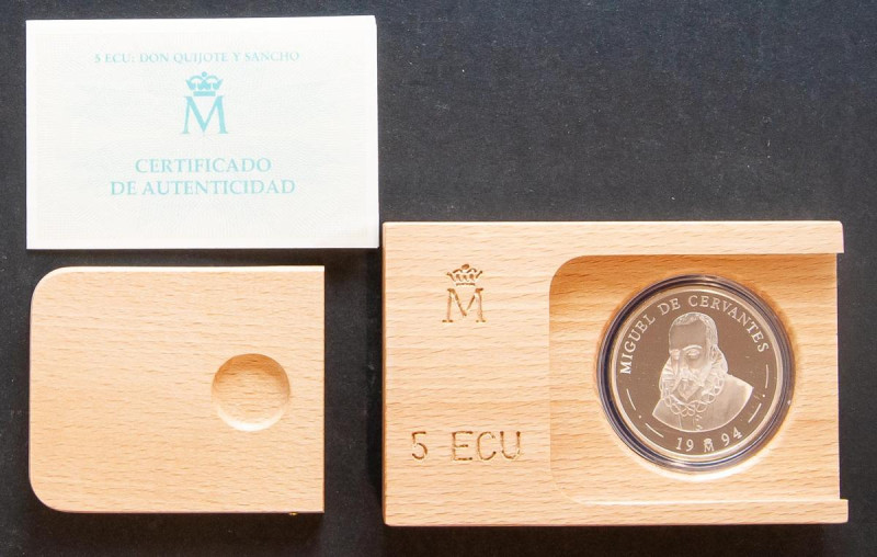 JUAN CARLOS I (1975-2014). 5 Ecu. (Ar. 33,62g/42mm). Cervantes-Don Quijote. 1994...