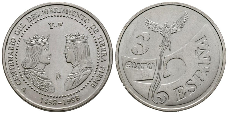 JUAN CARLOS I (1975-2014). 3 Euros (Ar. 20,09g/33mm). Centenario del Descubrimie...