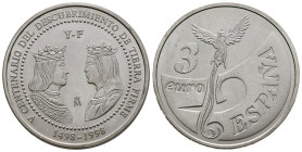 JUAN CARLOS I (1975-2014). 3 Euros (Ar. 20,09g/33mm). Centenario del Descubrimiento de Tierra Firme. 1998. FNMT. SC.