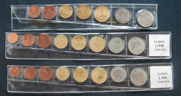 JUAN CARLOS I (1975-2014). Conjunto de 7 tiras completas de los Euros en Prueba de Churriana (Málaga) con valores comprendidos entre 1 Céntimo y 2 Eur...