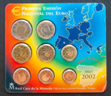 JUAN CARLOS I (1975-2014). Primera Emisión Nacional del Euro. Set completo con valores comprendidos entre 1 Céntimo y 2 Euros. 2002. FNMT. SC