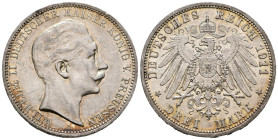 ALEMANIA . 3 Mark (Ar. 16,65g/33mm). 1911. Berlín A. Guillermo II. (Km#527). EBC-. Ligeras marquitas.