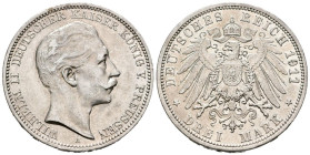 ALEMANIA (Prusia). 3 Mark. (Ar. 16,65g/33mm). 1911. Wilhelm II. Berlín A. (Km#527). MBC+.