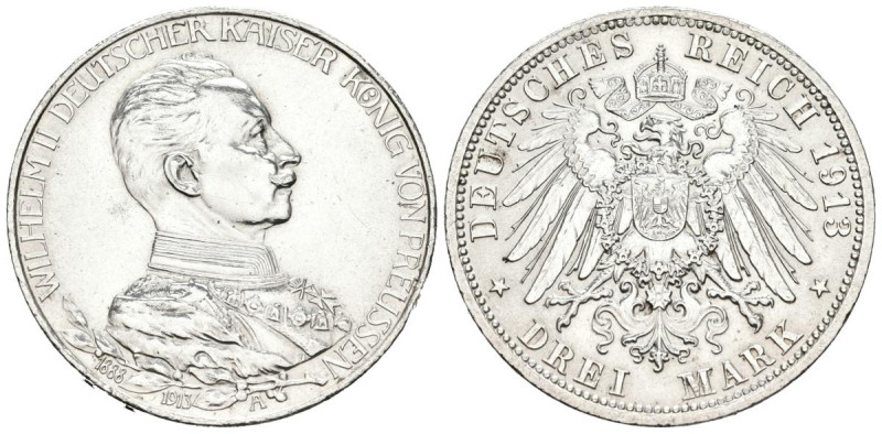 ALEMANIA. 3 Mark (Ar. 16,64g/33mm). 1913. Berlín A. Imperio Alemán. Guillermo II...